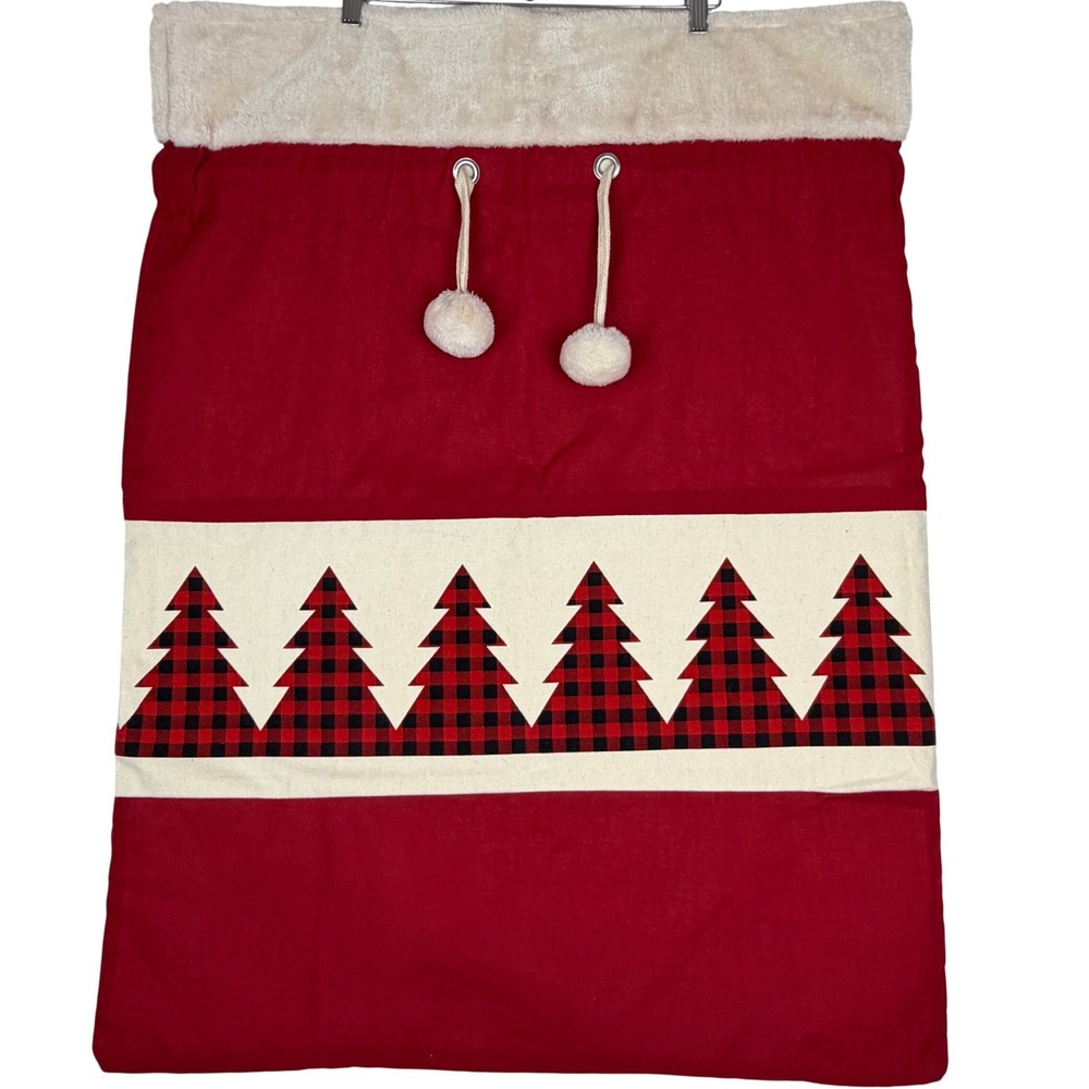 Large Christmas Santa Sack 36" Buffalo Plaid Trees Faux Fur Pom Pom Gift Bag